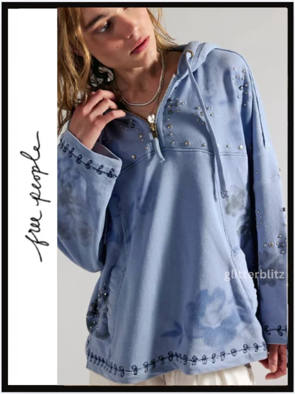 NEW Free People Silver Half Zip Hoodie Sweatshirt Studded Floral Embroidered